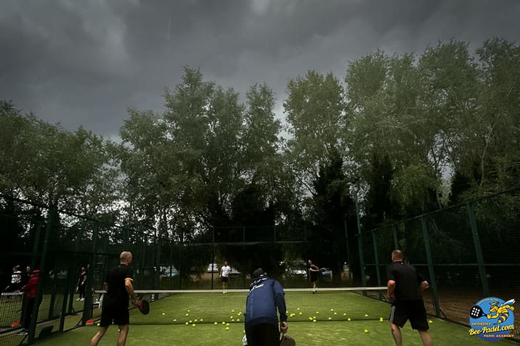 Padel Court Cover Protecting Court from Rain at Oller del Mas, Spain Padel court at Oller del Mas, Spain, with Courtcovers Padel Court Cover ready to protect from incoming rain, ensuring fast resumption of play.