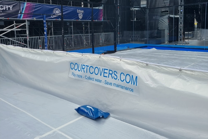 Full Padel Court Protection with Advertising Opportunities Using Courtcovers System Full padel court covered by Courtcovers All-Weather Padel Court Cover, with designated advertising spaces on the cover, protecting the court from all weather.