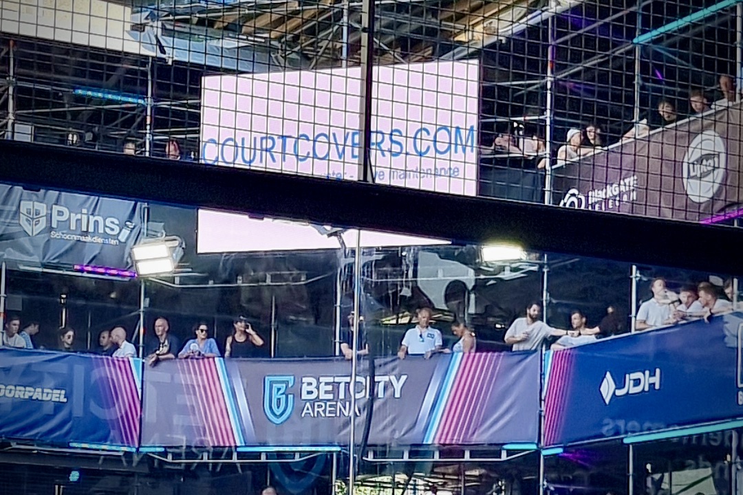 Courtcovers.com Padel Court Protection System displayed during the Sportworx Padel Exhibition in Rotterdam, The Netherlands.